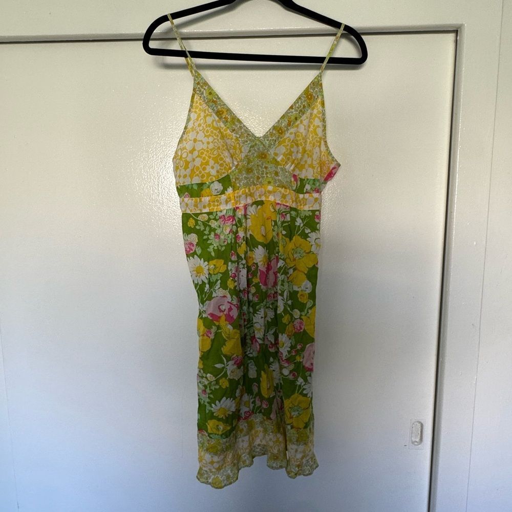 Anthropologie Floral Chemise in Green, Yellow & Pink COTTON